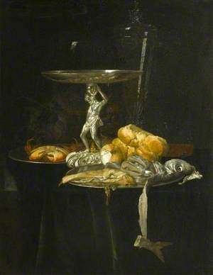 Still Life of a Silver Tazza with a Wine Glass, Crab, Herring, Bread and Onion on Pewter Dishes with Grapes Arranged on a Ledge