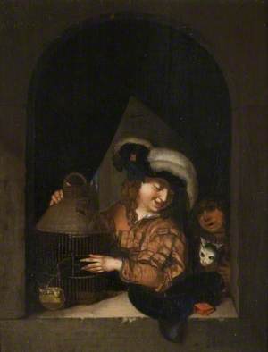 Man with a Cat and a Birdcage, within an Arch