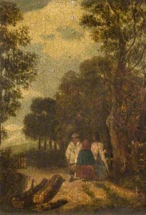 Country Lane with Logs and a Man and Two Women Conversing