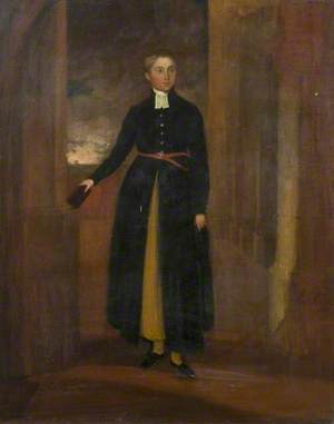 Schoolboy in a Long Blue Coat with a Yellow Underskirt and a Belt