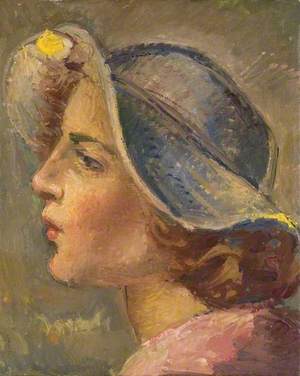 Head and Shoulders Portrait in Profile of of a Young Woman in a Broad-Brimmed Hat*