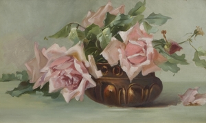 Still Life Pink Roses in Brown Bowl