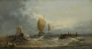 Stormy Seascape with Sailing Boats and a Rowing Boat Close to a Beach*