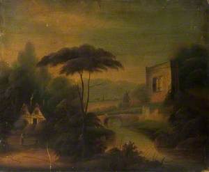 Landscape Showing a Cottage in Woods by a Stream with a Larger Building on the Opposite Bank*