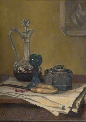 Still Life of Newspaper, Pipe, Decanter and Jar