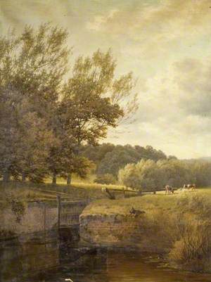 Wooded Landscape with Boy Fishing in a Lock