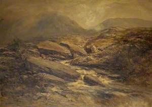 A River Scene with Rocks in the Foreground and Hills Beyond