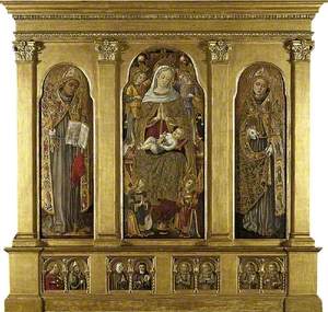 Virgin and Child Enthroned: Saint Bonaventura (left); Saint Louis of Toulouse (right) Saint Agatha and Saint Augustine, an Unidentified Female Franciscan Saint and Saint Clare of Assisi, Four Male Franciscan Saints (below)