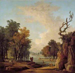 Wooded River Landscape with a Traveller, a Barking Dog, a Horseman, and Women Washing at an Islet