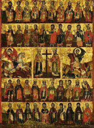 Icon with The Elevation of the Cross with Saint George, Saint Demetrius and the Saints of the Month of October