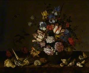 A Vase of Flowers with Shells on a Ledge
