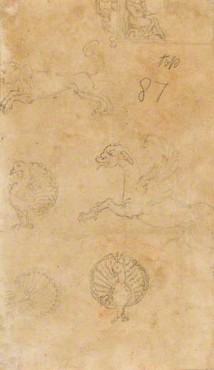 Studies of Peacock, Griffin and Lion – Lower Section of a Framed Painting with Seated Female Figure