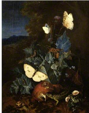 Still Life with a Thistle, Boletus, Snail, Lizard, Butterflies and a Bee in a Landscape