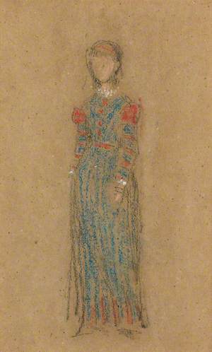 A Girl in a Long Blue and Red Dress