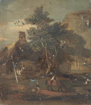 Man on Horseback Beside a Standing Lady, in Front of a Birch Tree, Cottage and Hill