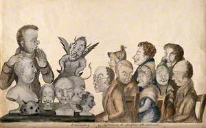 Johann Gaspar Spurzheim Giving a Phrenological Demonstration before Franz Joseph Gall and Another Seven People; a Grinning Devil Looks On