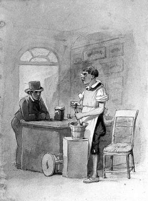 An Apothecary's Apprentice in a Shop Mixing Up a Prescription in a Pestle and Mortar for a Customer