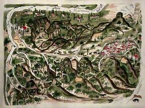 A Map of the Area of Vilcabamba, Ecuador, Illustrated with Buildings, Rivers, People, Animals and Flowering Plants and Trees