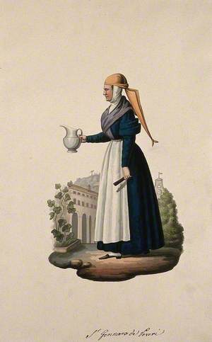 A Nun Wearing Her Habit Holding a Jug in the Grounds of Her Convent
