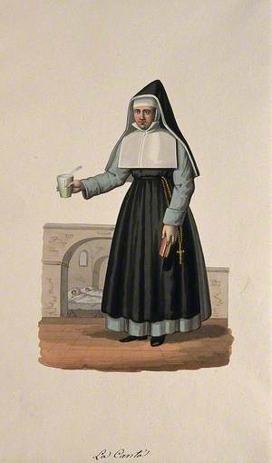 A Nun in Her Habit Carrying Medicine and Her Bible, with Her Hospital behind Her