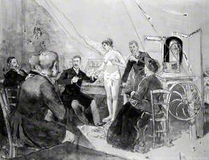 A Doctor Demonstrating Electrotherapy on a Young Semi-Nude Woman in front of an Audience of Physicians (?), Her Mother or Chaperone Is Seated at the Front