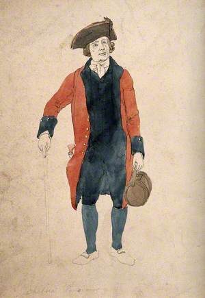 A Chelsea Pensioner, Standing, Wearing Red Coat and Tricorn Hat, Leaning on a Stick and Carrying a Cylindrical Leather Satchel