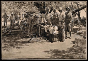 Boer War: A Military Physician Bandages a Wounded Man in the Open Air, Others Watch