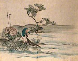 A Japanese Fisherman on a Lake Shore Pulling In His Nets