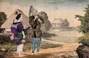 Two Japanese Peasants on a Village Path, the Man Carries a Scythe and the Woman Has a Baby on Her Back