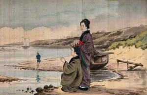 Two Japanese Women on a Sandy Shore, One Crouches Down and Points across the Water