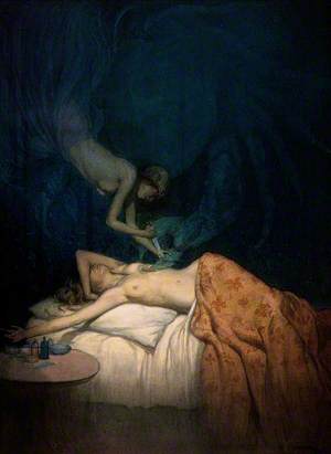 A Giant Claw Pierces the Breast of a Sleeping Naked Woman, Another Naked Woman Swoops Down and Stabs the Claw with a Knife; Representing the Surgical Treatment of Breast Cancer