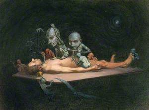 A giant claw pierces the breast of a sleeping naked woman, another