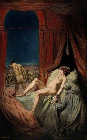 A Provocative Naked Young Woman Lying on a Bed; Death, a Cloaked Skeleton, Sits at Her Side, and a Naked Man Walks away from the Bed with His Head Bowed, towards a Throng of Diseased and Dying People; Representing Syphilis