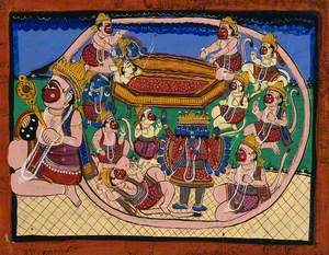 Hanuman Kneeling with Tail Encircling Rama and Sita in Bed, While Several Monkeys Circle around Ravana