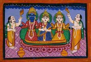 Krishna, Rakmini, Balarama in Jagannāth Style and Two Worshippers