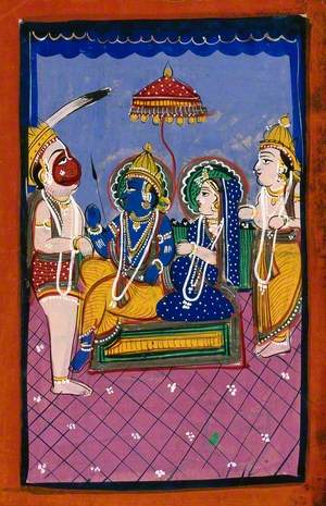 Hanuman before Rama and Sita and Attendant