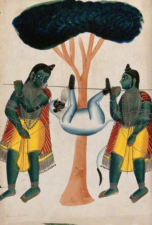 Two Men Carrying a Captured Monkey Tied to a Pole, Possibly Hanuman