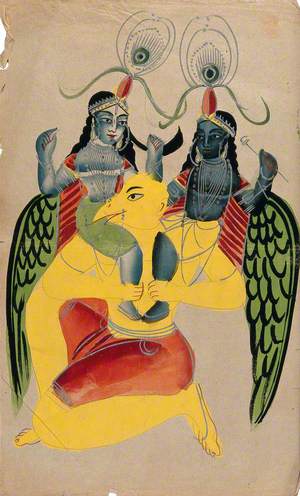 Garuda Carrying Two Identical Figures, Possibly Krishna and Balarama