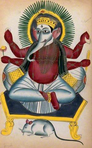 Ganesha Enthroned Holding His Symbols with His Rat