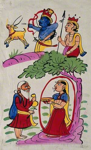 Page 121: Sita Being Lured by a Disguised Ravana, While Rama and Laksmana Hunt in the Forest