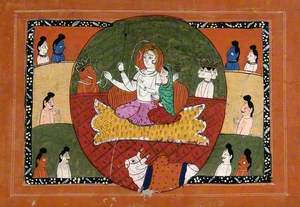 Shiva with the Ganges Flowing from His Head and Parvati Seated on a Tiger Skin with Ganesha, Skanda and Nandi Bull Surrounded by Devotees