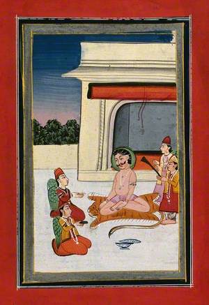 A Religious Figure, Possibly Shiva, Being Offered Food and Offerings by Two Worshippers and Two Angels