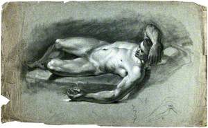 A Reclining Male Nude with His Right Arm Resting on His Head and a Faint Sketch of a Leg