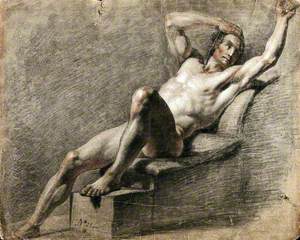 A Reclining Male Nude with His Right Arm Resting on His Head and His Left Arm Raised