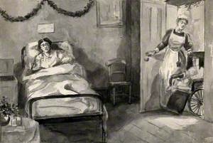 A Girl in Bed Clutching a Knife as She Anxiously Looks towards a Nurse Entering the Room with a Wheelchair