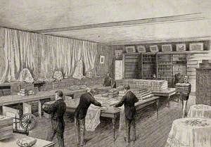 The Interior of a Draper's Shop with Figures Carrying and Measuring Cloth