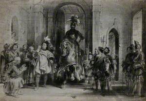 A Knight in Armour on Horseback Entering a Castle Hall Preceded by Heralds and Attendants