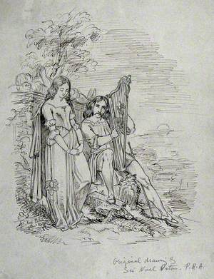 A Young Woman Listens with Her Eyes Cast Down as Her Companion Plays a Harp