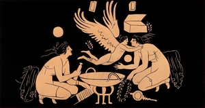 Two Women Crouching over a Washbasin; a Winged Human Hovers above