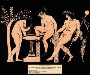 Two women at a Wash-Basin; to the Right is a Man with the Attributes of an Initiate of Dionysus